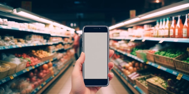 Lebensmittelgeschäft online Telefon mit einer Hand auf dem Hintergrund eines Supermarkts mit Lebensmittel generieren ai