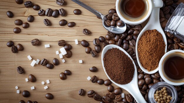 Lebensmittelhintergrund mit gemahlenem Kaffee in weißen Löffeln