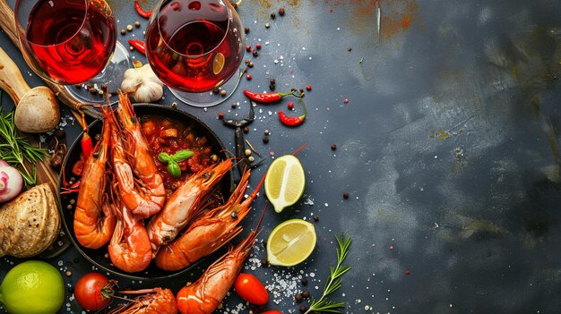 Lebensmittelhintergrund mit Meeresfrüchten und Wein Generativ Ai