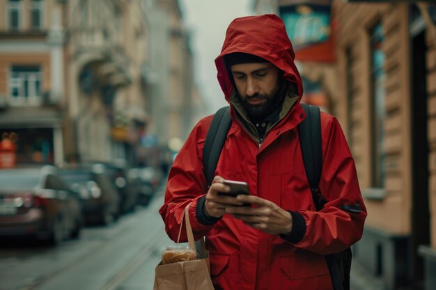 Foto lebensmittellieferant benutzt ein smartphone auf der straße in der stadt