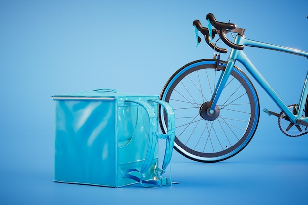 Lebensmittellieferung mit dem Fahrrad ein Fahrrad und eine Kuriertasche für Lebensmittel auf blauem Hintergrund 3D-Render