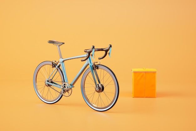 Lebensmittellieferung mit dem Fahrrad ein Fahrrad und eine Kuriertasche für Lebensmittel auf orangefarbenem Hintergrund 3D-Render