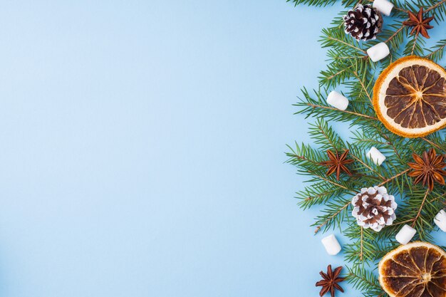 Lebensmittelorangennussgewürz-Kiefernkegel Weihnachtsbaum auf Blau
