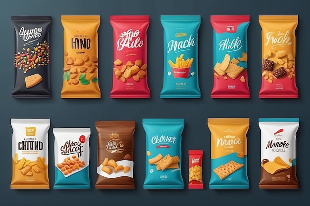Lebensmittelverpackung für verschiedene Snackprodukte Entwurfsverpackungsvorlage für die Markenmarkierung