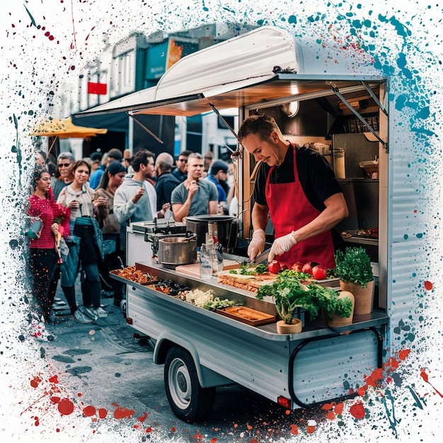 Foto lebensmittelwagenverkäufer kocht mahlzeiten