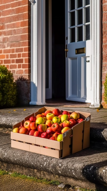 Lebensmittelzustellung per Post und Online-Lebensmitteleinkauf Obstkiste mit frischen Bio-Früchten von einem örtlichen Bauernhof vor der Haustür auf dem Land, nachverarbeitete generative KI