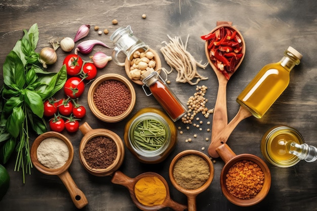 Lebensmittelzutaten zum Kochen flach gelegene professionelle Werbe-Food-Fotografie