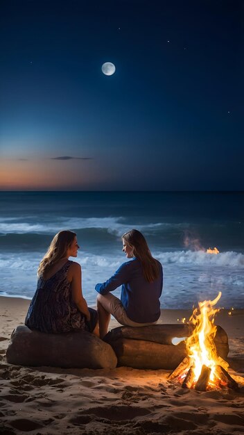 Lebensstil und Menschen Thema ruhige Küstenszene mit einem Lagerfeuer am Strand, das von der Sonne beleuchtet wird