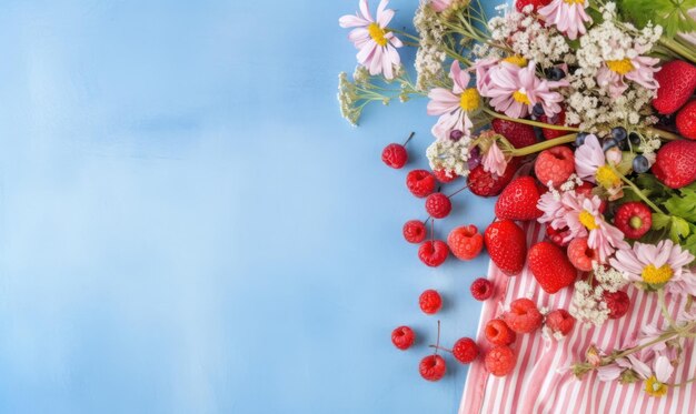Lebhafte Beeren und Blumen vor blauem Hintergrund. Frische Erdbeeren, Blaubeeren und Himbeeren mit zarten Blütenblättern. Erstellt mit generativen KI-Tools