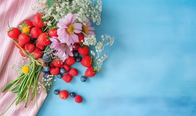 Lebhafte Beeren und Blumen vor blauem Hintergrund. Frische Erdbeeren, Blaubeeren und Himbeeren mit zarten Blütenblättern. Erstellt mit generativen KI-Tools