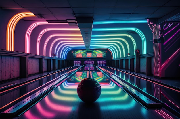 Lebhafte Bowlingbahn mit Neonlicht und fetziger Musik