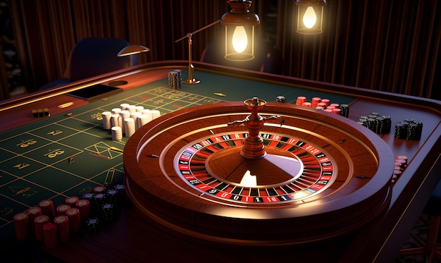 Lebhafte Casino-Szene mit reichlich Chips auf dem Tisch, dargestellt in 3D-Rendering mit Unreal Engine und gleichmäßiger Beleuchtung