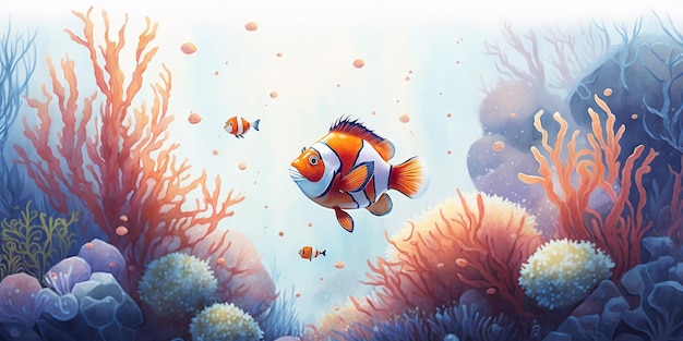Lebhafte Clownfische schwimmen zwischen farbenfrohen Korallenriffen im Aquarellstil. Erstellt mit generativer KI