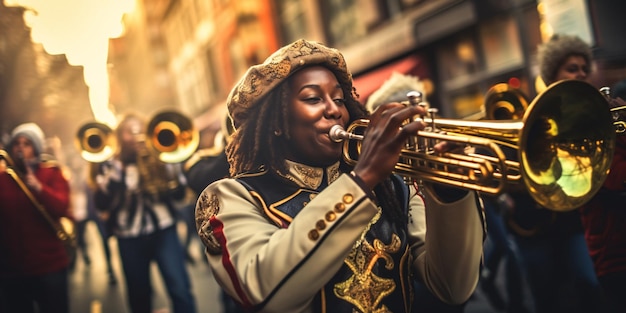 Lebhafte Frau spielt Trompete in einer lebhaften Parade, aufgenommen von generativer KI für einfache Entdeckung