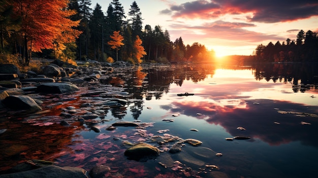 Lebhafte Herbstfarben spiegeln sich in der Abenddämmerung im Freien im ruhigen Teich wider