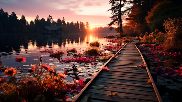 Lebhafte Herbstfarben spiegeln sich in der Abenddämmerung im Freien im ruhigen Teich wider