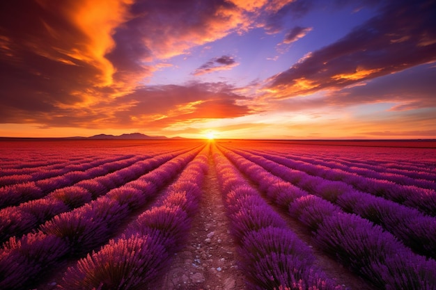 Lebhafte Lavendelfelder, die sich unter einem orangefarbenen Sonnenuntergang bis zum Horizont erstrecken