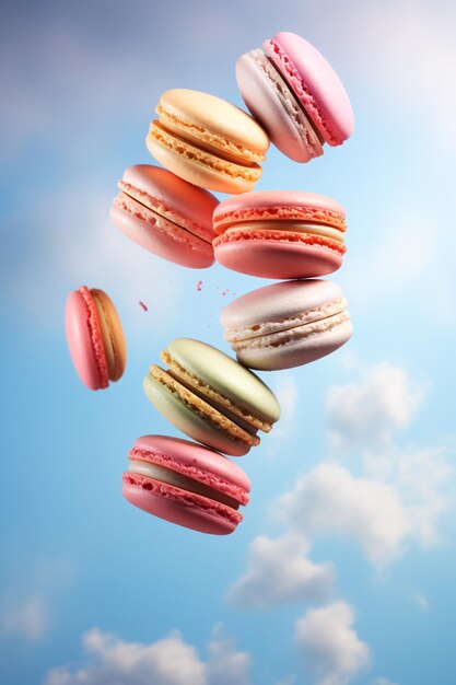 Lebhafte Macarons in Arafly-Farben schweben durch den blauen Himmel, angetrieben durch generative KI