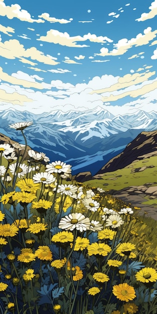 Lebhafte Malerei im Popart-Stil von Bergen und Landschaft mit gelben Gänseblümchen