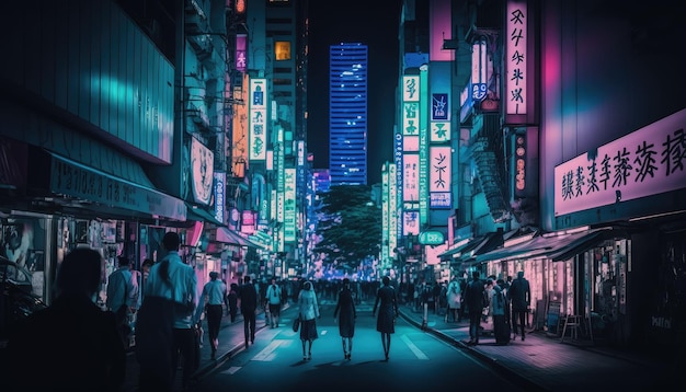 Lebhafte Neonstraßen von Shinjuku Tokyo bei Nacht mit einer Weitwinkelaufnahme, die die geschäftige Innenstadt zeigt. Die hellen Lichter und farbenfrohen Schilder schaffen eine futuristische und energiegeladene Atmosphäre Generative KI