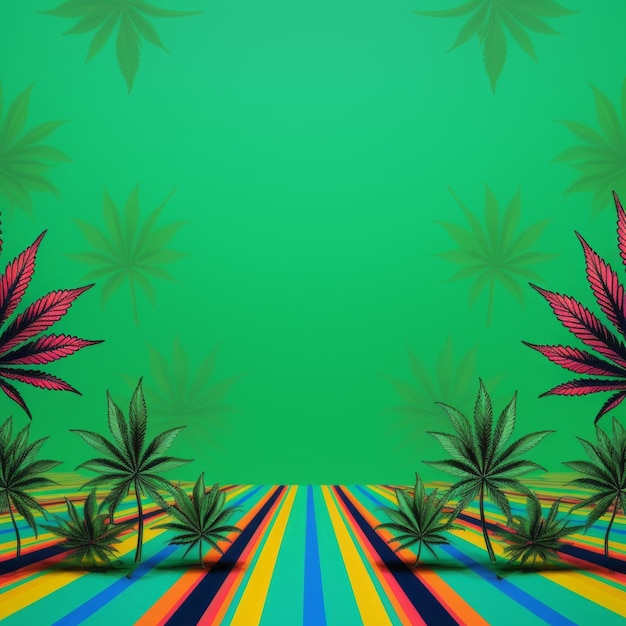 Lebhafte Pop-Art-Cannabis-Werbung auf farbenfrohem Hintergrund, bereit für Ihre Nachricht. Generative KI