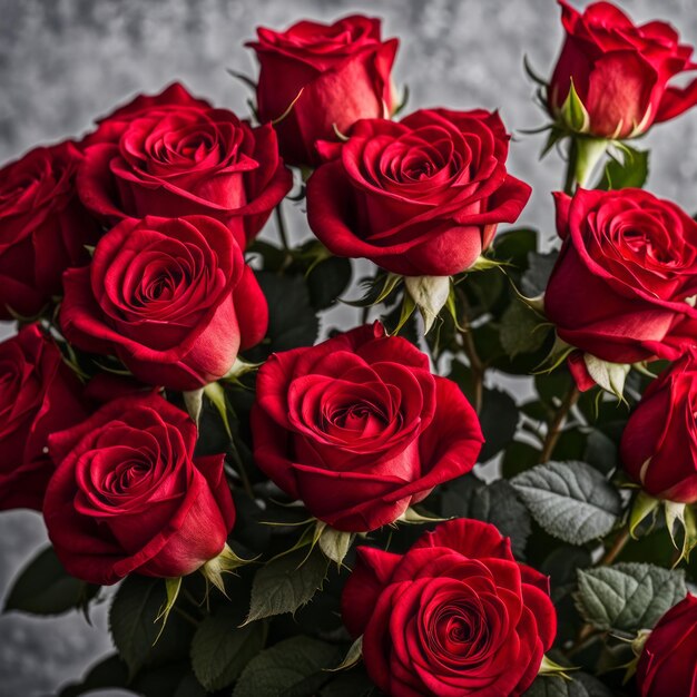 Lebhafte rote Rosen bündeln sich vor verschwommenem grauem Hintergrund