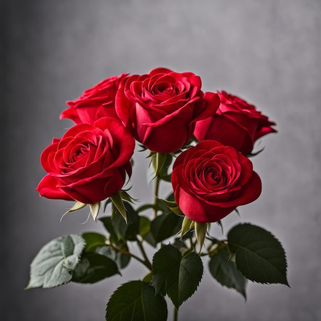 Lebhafte rote Rosen bündeln sich vor verschwommenem grauem Hintergrund