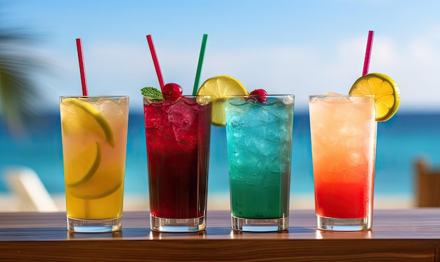 Lebhafte Sommergetränke auf einem Holztisch mit Blick auf den Ozean. Verschiedene farbenfrohe Getränke vor einer ruhigen Meereskulisse. AI Generative