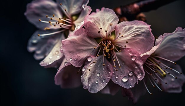 Foto lebhafte, violette orchideenblüten, feucht von tau auf schwarzem hintergrund, erzeugt durch ki