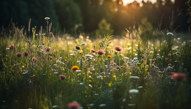 Lebhafte Wildblumen erblühen auf einer ruhigen Wiese bei Sonnenaufgang, die Schönheit der Natur wird durch künstliche Intelligenz erzeugt