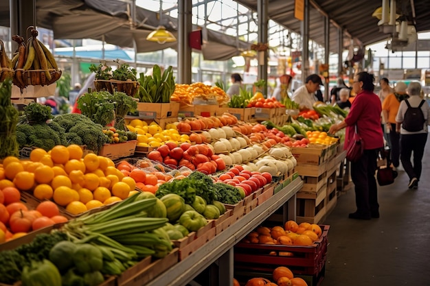 Lebhafter Farmers39-Markt mit vielfältigen generativen KI-Produkten für frische Produkte