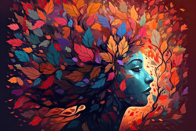 Lebhafter weiblicher Kopf mit mehrfarbigen Baumblättern surreale digitale Kunst lebendige organische Bilder Generative KI