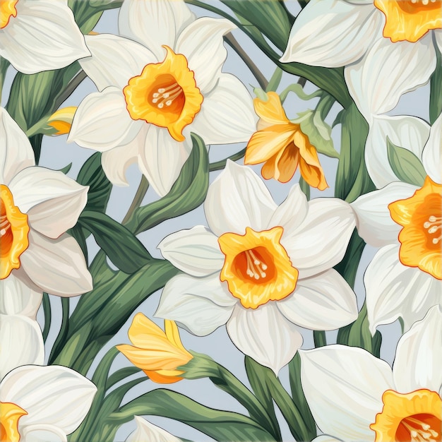 Lebhaftes Narzissenblumen-Ölfarbenmuster auf weißem Hintergrund, KI generiert
