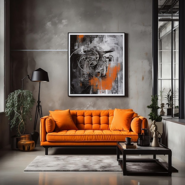 Lebhaftes orangefarbenes Sofa und Kunstposter an der Stuckwand Generative Ai