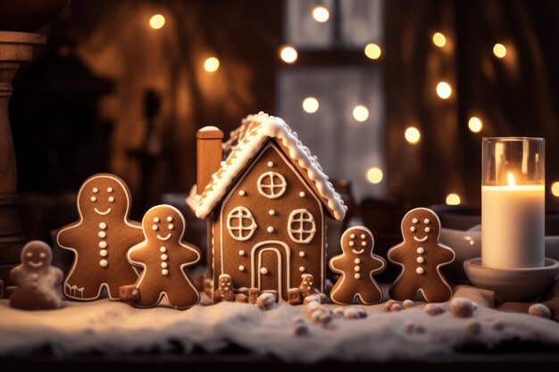 Lebkuchen Figuren Familie mit gebackenem Haus und dekoriert mit Glasur Zuhause gemütliche higgle Stimmung Weihnachten Winterferien