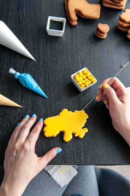 Lebkuchen in Form von ukrainischen handgemachten patriotischen Keksen