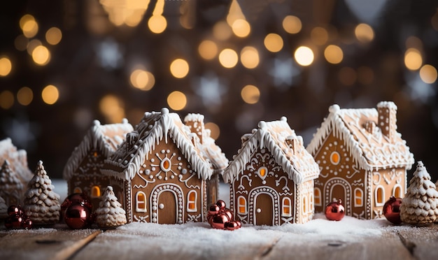 Lebkuchenhaus mit Glasur steht auf einem Tisch mit Weihnachtsdekoration, Kerzen und Laternen