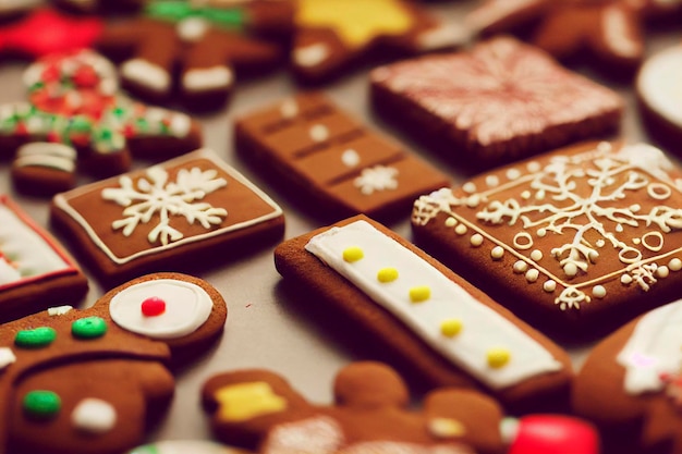 Lebkuchenplätzchen mit Weihnachtsdekorationen auf Holztisch