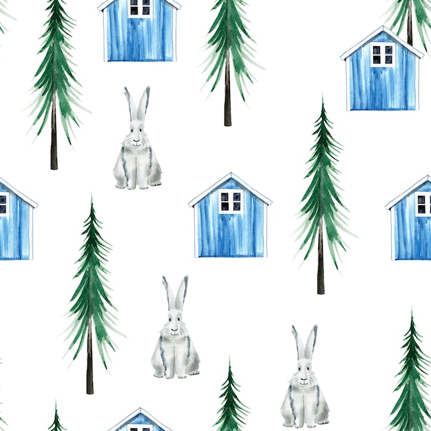 Lebre branca e casa azul na floresta escandinava sem costura padrão de aquarela