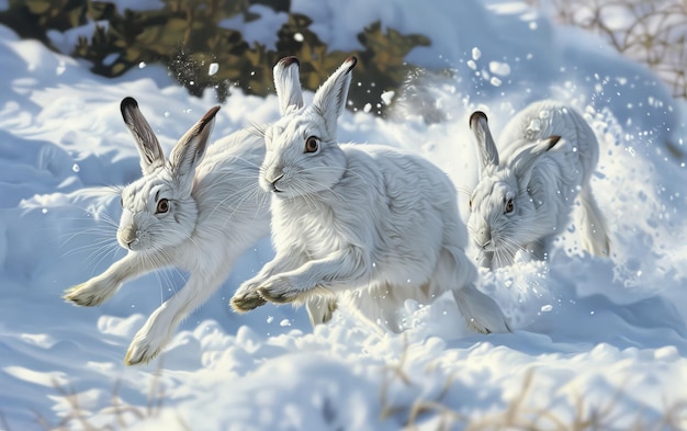 Foto lebres de neve brincalhões atravessam paisagens nevadas