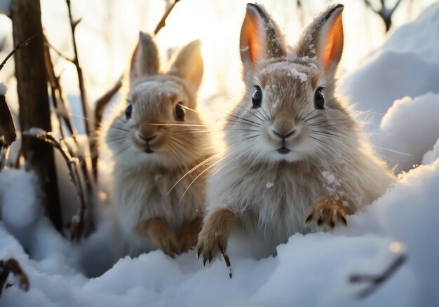 Lebres posando en el bosque nevado tiempo de invierno generado por la IA