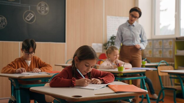 Lección de clase escolar niños estudiando aprender en el aula mujer maestra tutora caminando enseñando niño pequeño niño niño levante la mano pedir ayuda responder pregunta estudio aprender escribir hablar educación