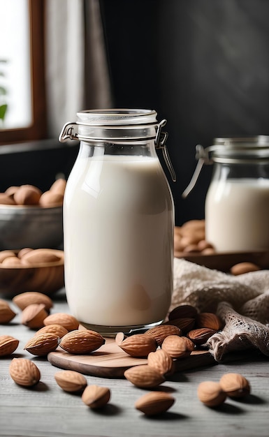 Leche de almendra en un frasco y con almendras en la mesa moderna