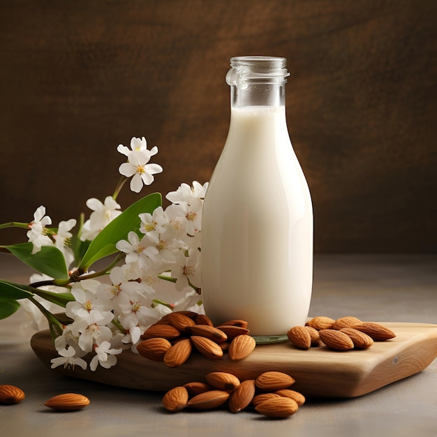 Leche de almendras en botella con nueces de almendras sobre fondos de madera