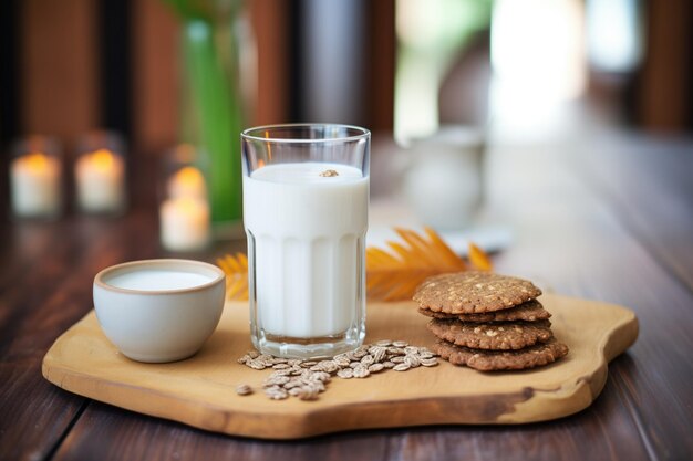 Foto leche de avena con galletas veganas en una mesa de madera