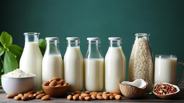 Foto leche a base de plantas no lácteas en botellas e ingredientes sobre fondo turquesa leche sin lactosa