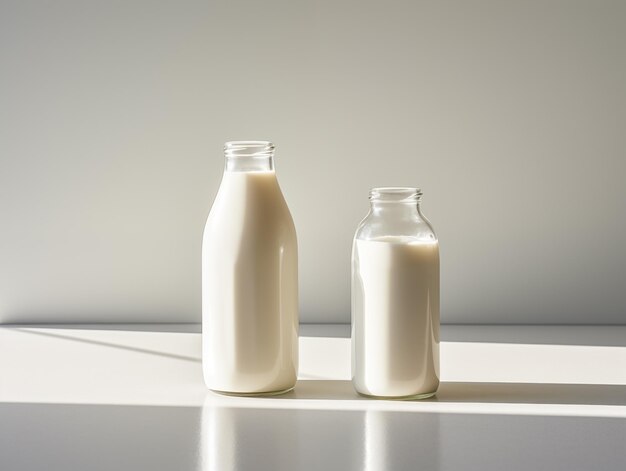 leche en una botella de vidrio botella de maqueta en la mesa