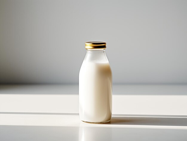 Foto leche en una botella de vidrio botella de maqueta en la mesa