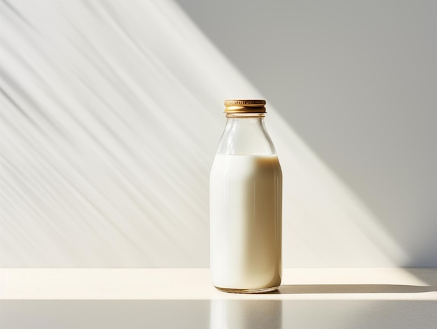 Foto leche en una botella de vidrio botella de maqueta en la mesa