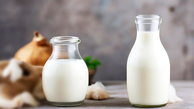 Leche de botella de vidrio en una mesa de madera rústica